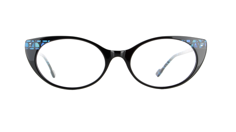 Frontansicht einer schwarzen Brillenfassung mit dezenten blauen Details